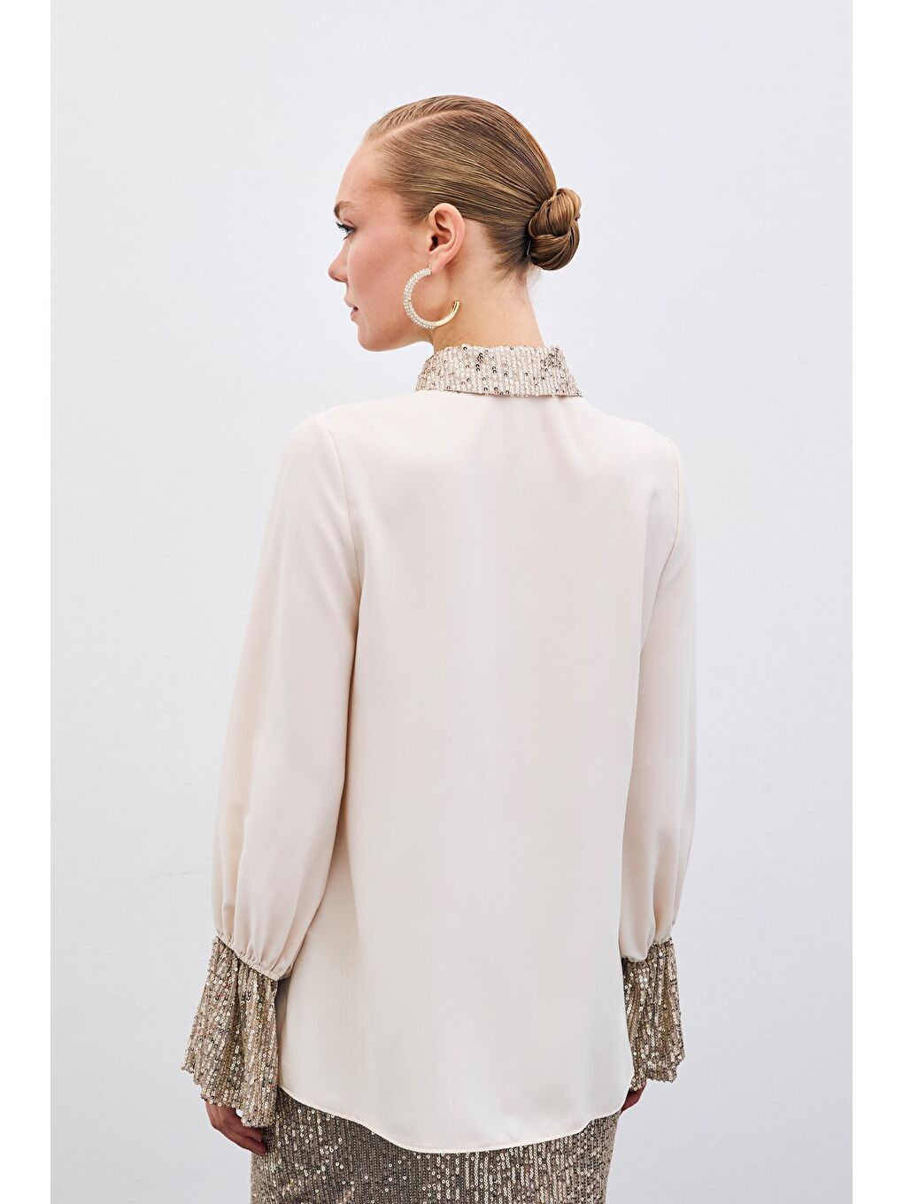 Payet Detaylı Gömlek - Bej-5