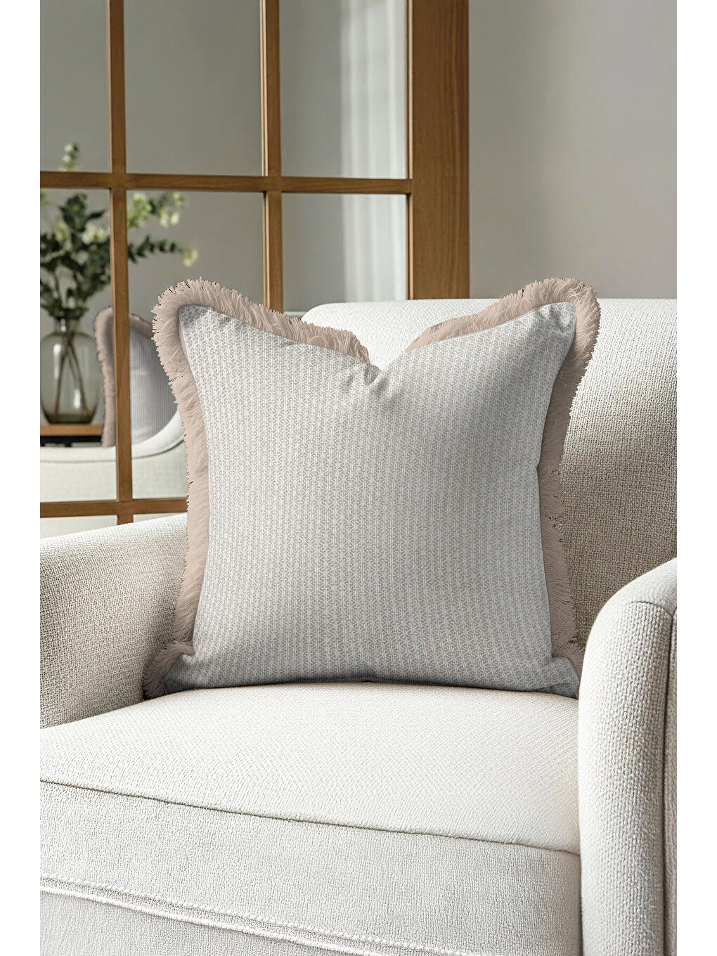 Karışık Geometrik Modern Lüks Saçaklı Yastık Kılıfı - Naturel İskandinav Bej Püsküllü Kırlent Kılıfı