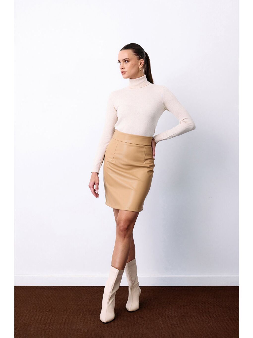 Şardonlu Deri Etek - Bej-1