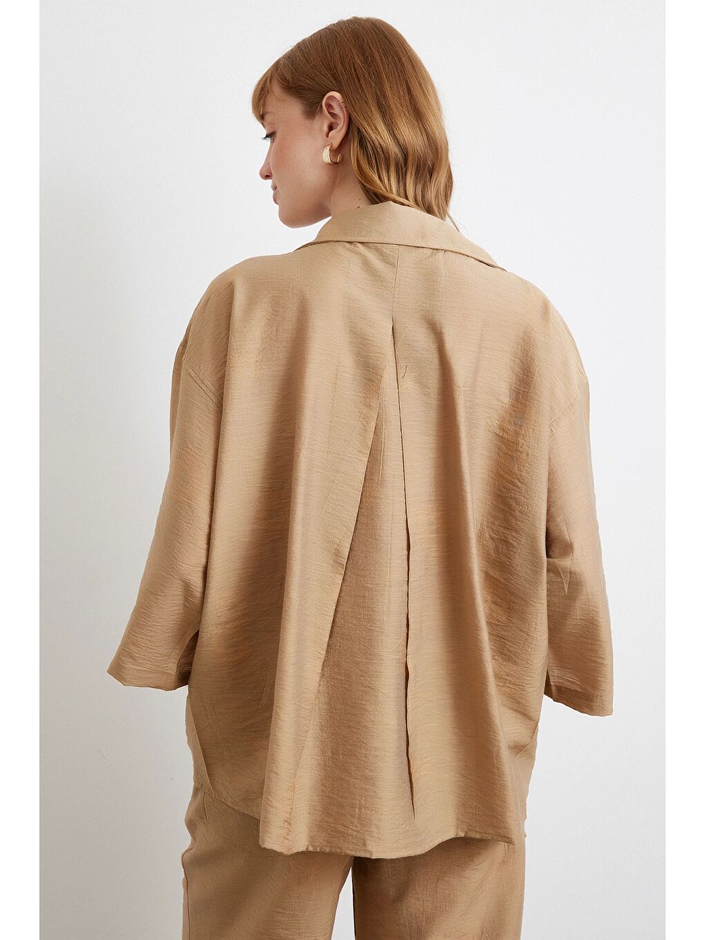 Karışık Fakir Kol Oversize Gömlek Kahve-5