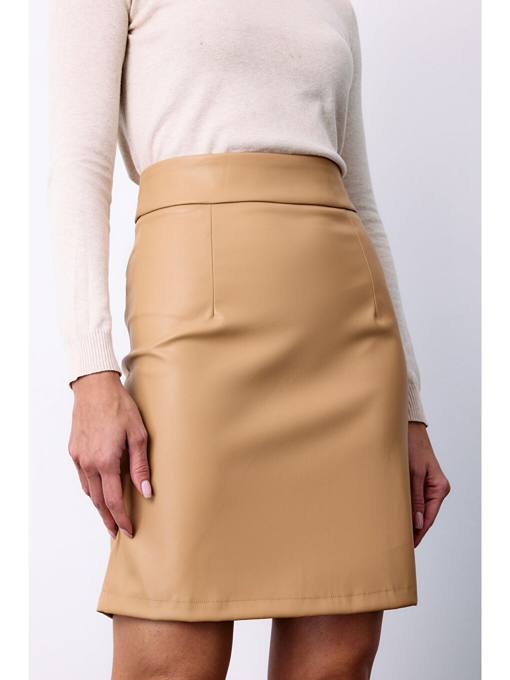 Şardonlu Deri Etek - Bej-2