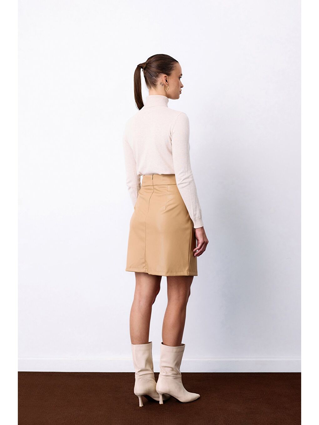 Şardonlu Deri Etek - Bej-3