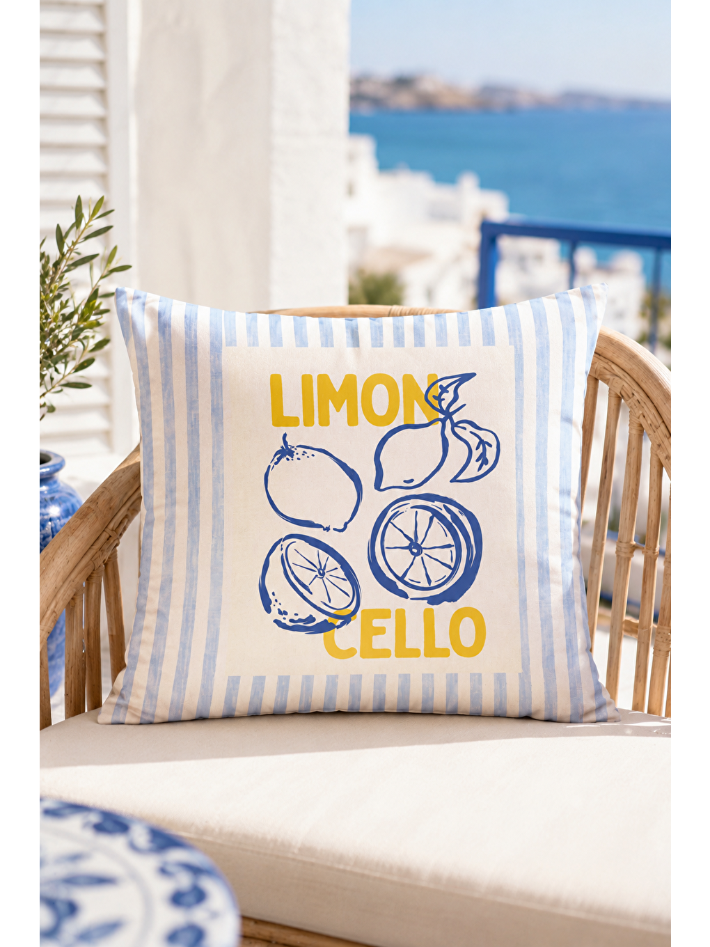 Beyaz Limoncello Limon Desenli Dekoratif Kırlent Kılıfı Akdeniz Yazlık Dekoru 43x43 Cm