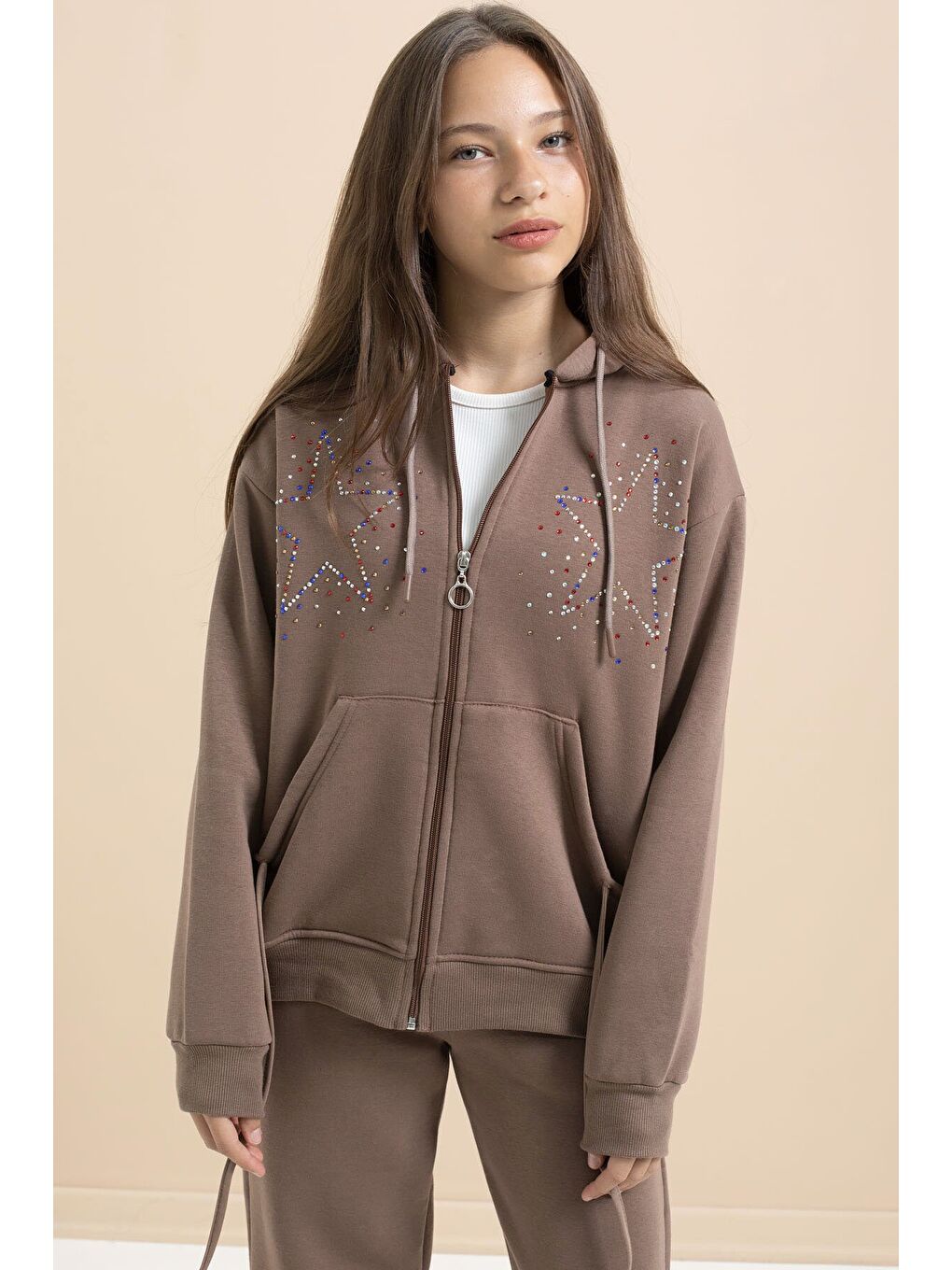 Kahverengi Kız Çocuk Şardonlu Boncuk İşlemeli 2li Takım 21416-1