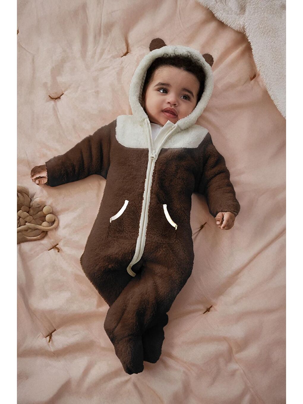 Kahverengi Unisex Bebek Pelüş Kulak Detaylı Tulum (3 Ay - 1 Yaş)-1