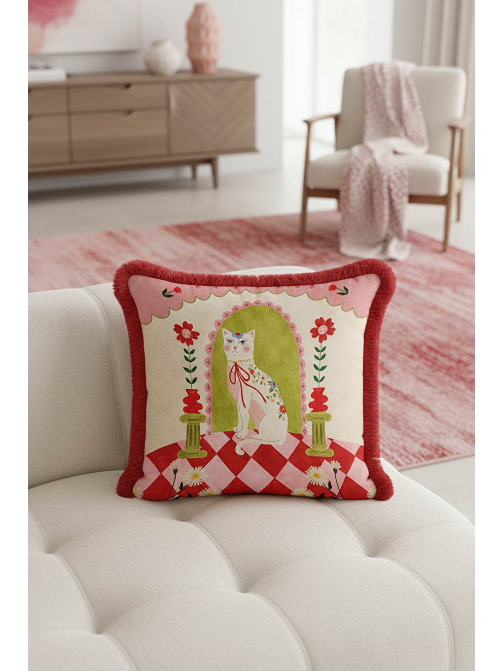 Karışık Vintage Saçaklı Yastık Kılıfı - Kedi Figürlü Retro Çiçekli Kırmızı Püsküllü Kırlent Kılıfı-1