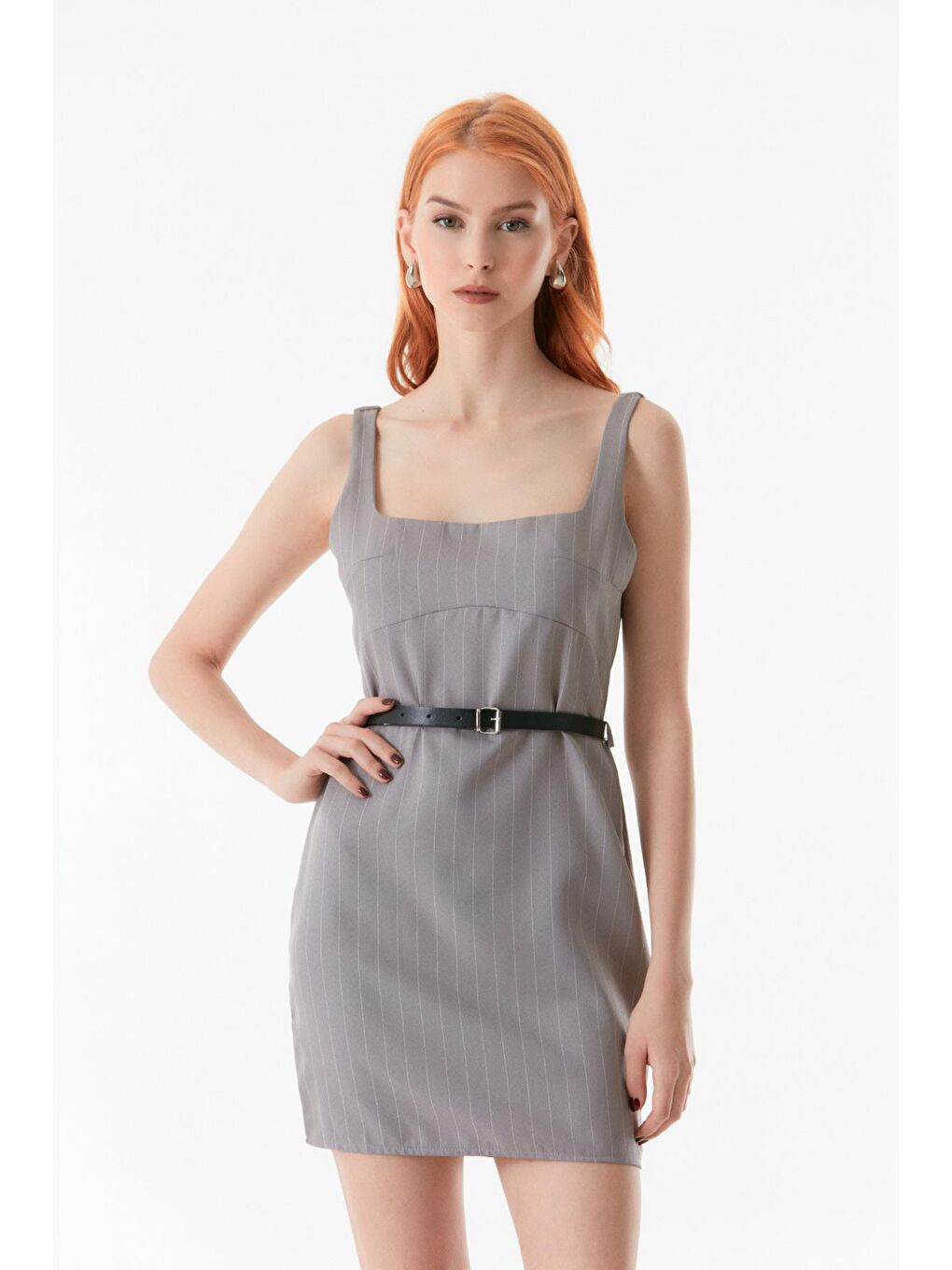 Gri Çizgili Kemerli Mini Elbise-3