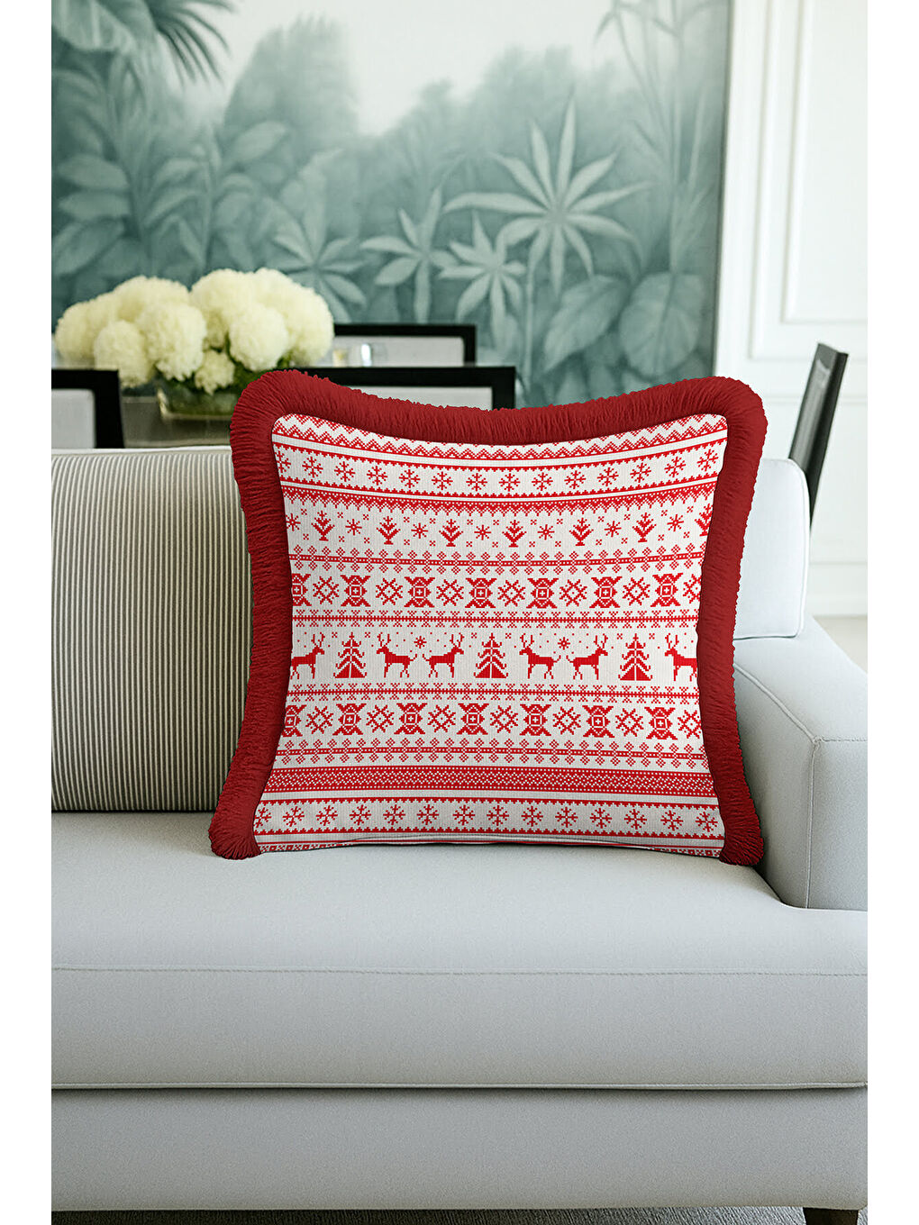 Karışık Nordik Noel Saçaklı Yastık Kılıfı - Geyikli Kış Temalı İskandinav Kırmızı Püsküllü Kırlent Kılıfı-1