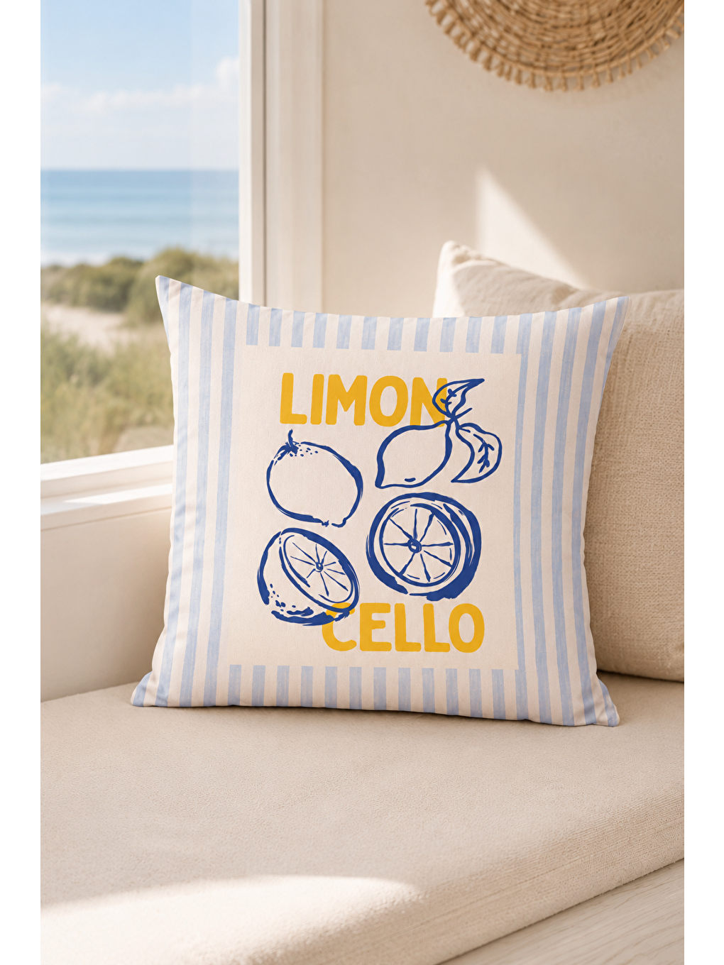 Beyaz Limoncello Limon Desenli Dekoratif Kırlent Kılıfı Akdeniz Yazlık Dekoru 43x43 Cm-2