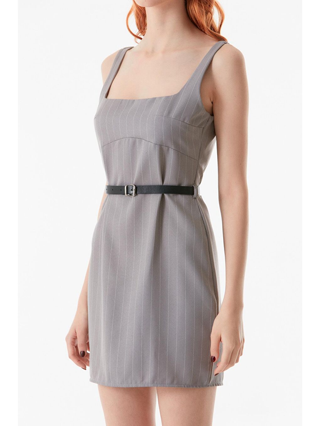 Gri Çizgili Kemerli Mini Elbise-4