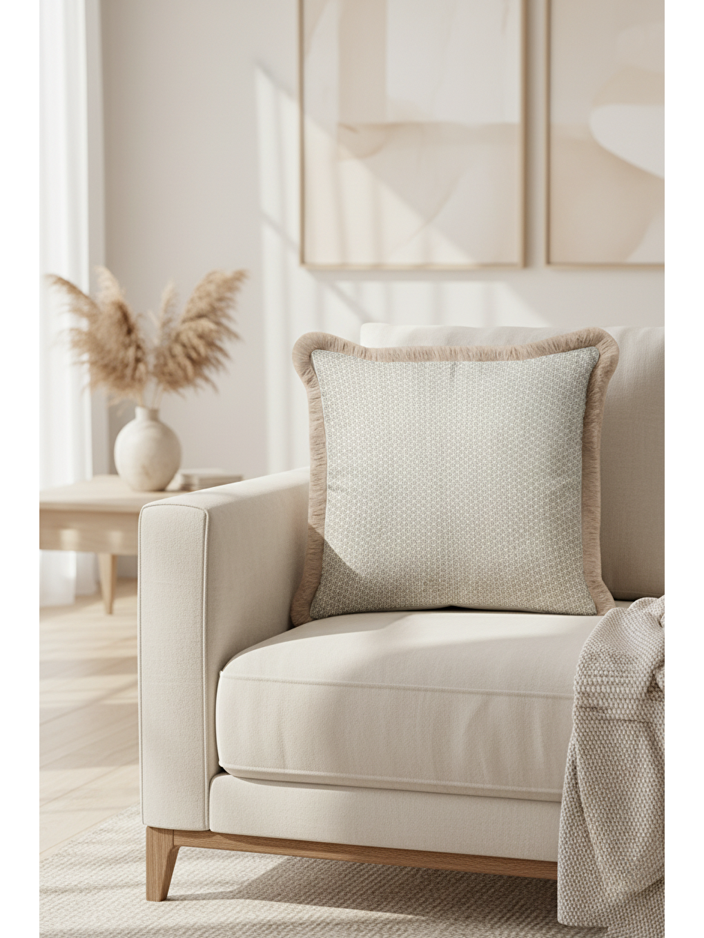 Karışık Geometrik Modern Lüks Saçaklı Yastık Kılıfı - Naturel İskandinav Bej Püsküllü Kırlent Kılıfı-3