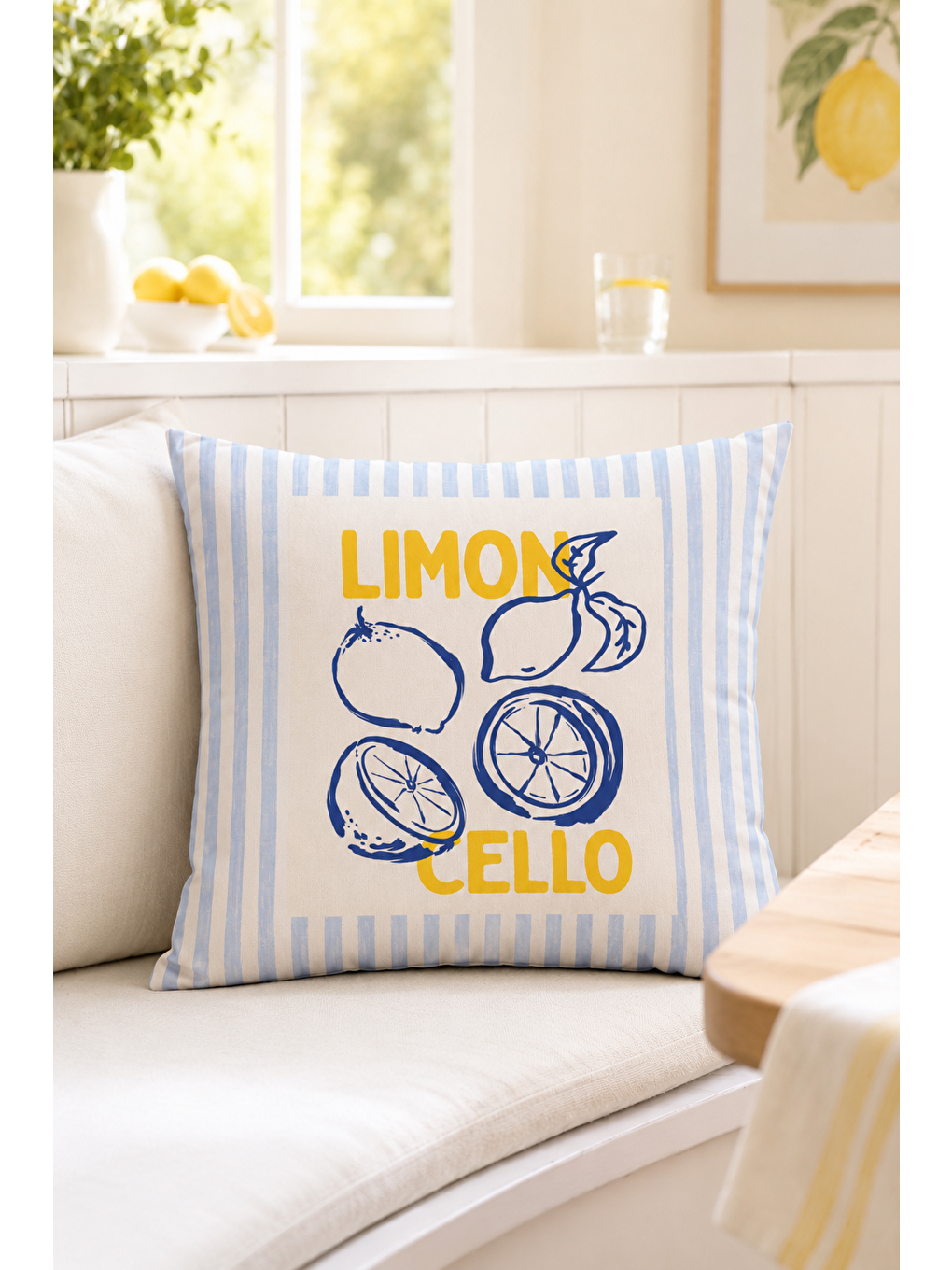 Beyaz Limoncello Limon Desenli Dekoratif Kırlent Kılıfı Akdeniz Yazlık Dekoru 43x43 Cm-3