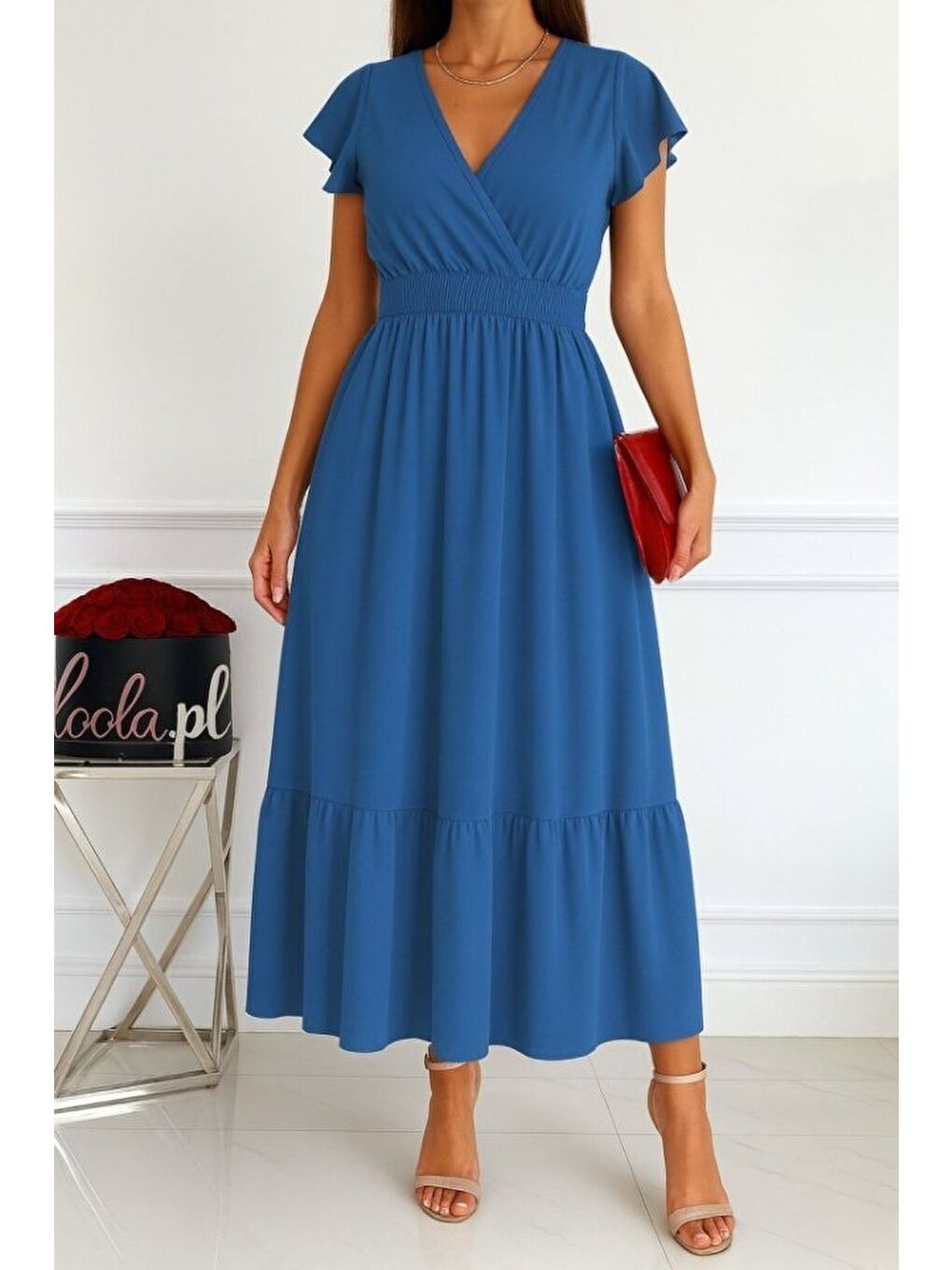 Mavi Kadın Kısa Kelebek Kollu Kruvaze Yakalı Beli Lastikli Aerobin Elbise