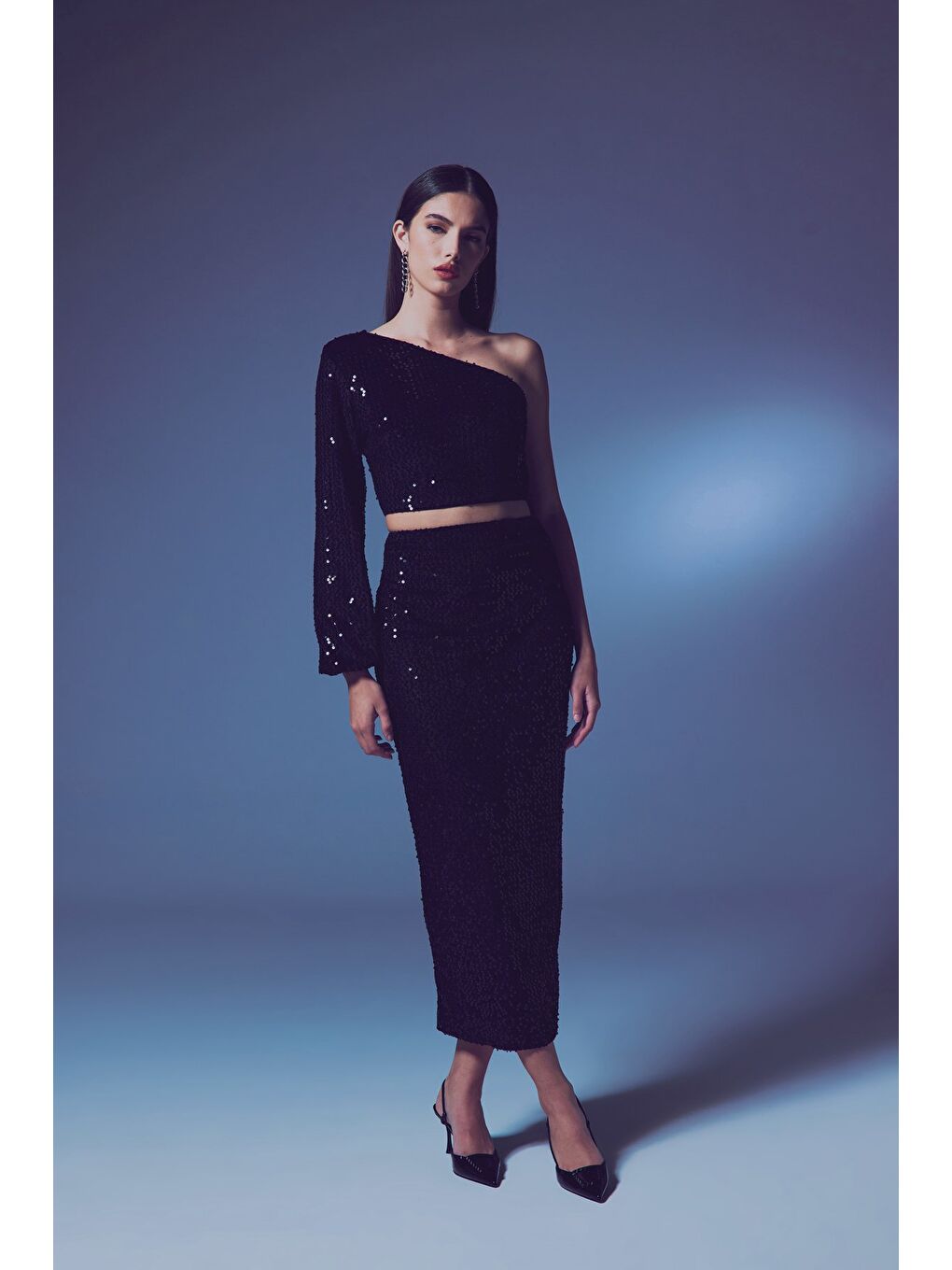 Kadife Payetli Midi Etek - Siyah-1