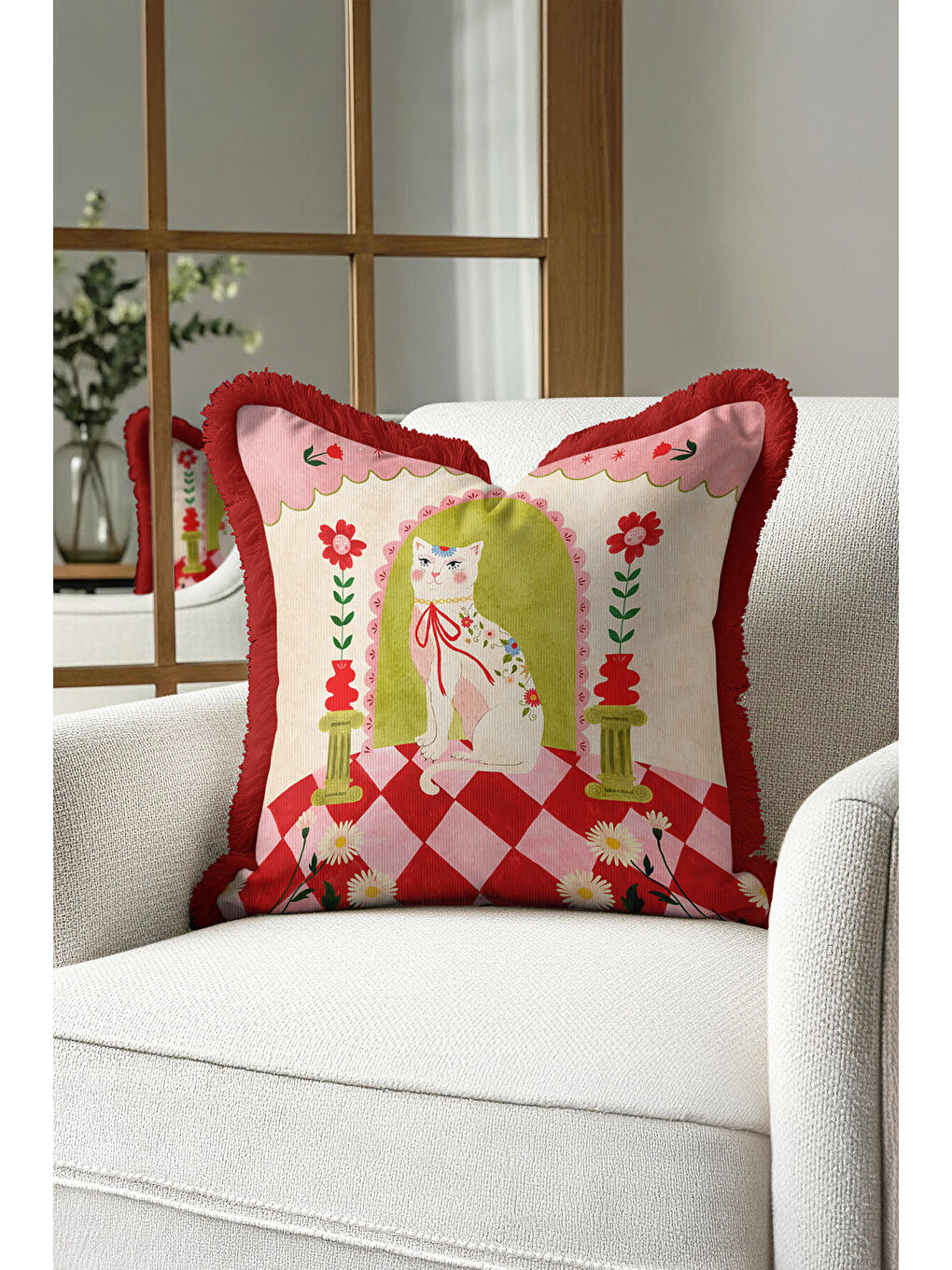 Karışık Vintage Saçaklı Yastık Kılıfı - Kedi Figürlü Retro Çiçekli Kırmızı Püsküllü Kırlent Kılıfı-2