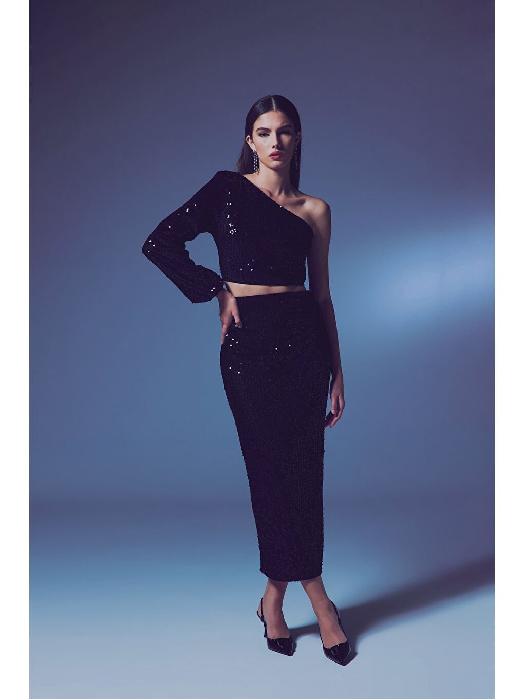 Kadife Payetli Midi Etek - Siyah-2