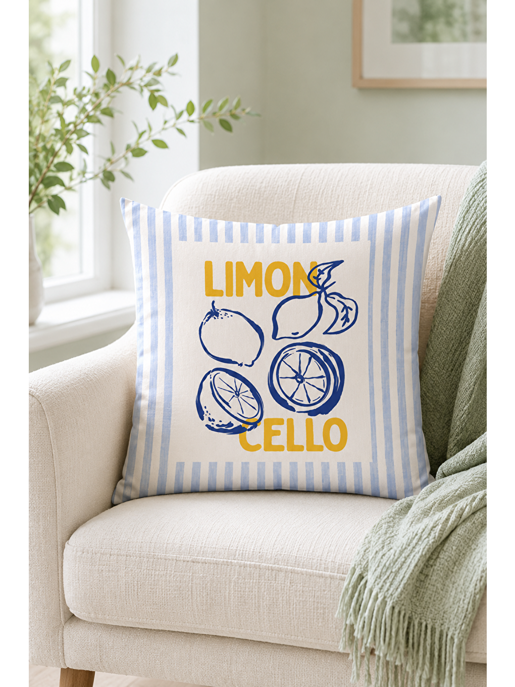 Beyaz Limoncello Limon Desenli Dekoratif Kırlent Kılıfı Akdeniz Yazlık Dekoru 43x43 Cm-4