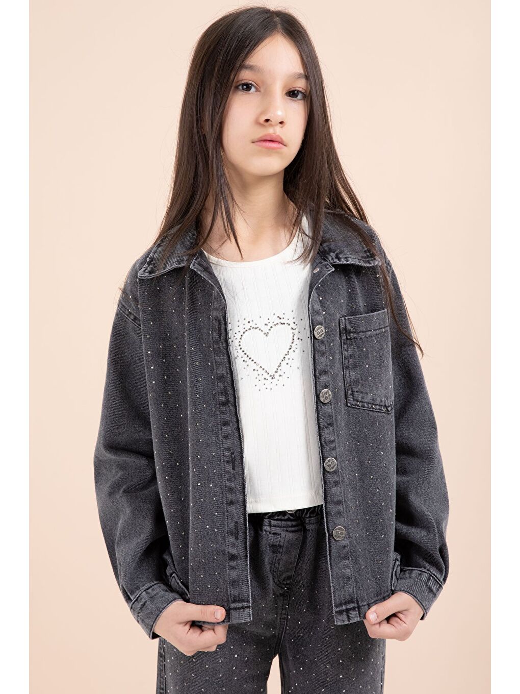 Siyah Taşlı Jean Gömlekli Kız Çocuk Geniş Paça 3lü Jean Takım 23440-1