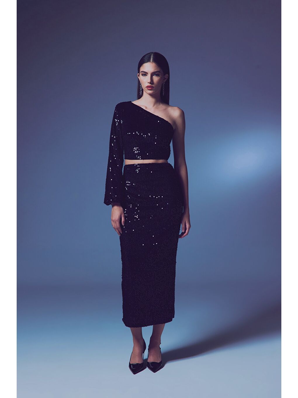 Kadife Payetli Midi Etek - Siyah-3