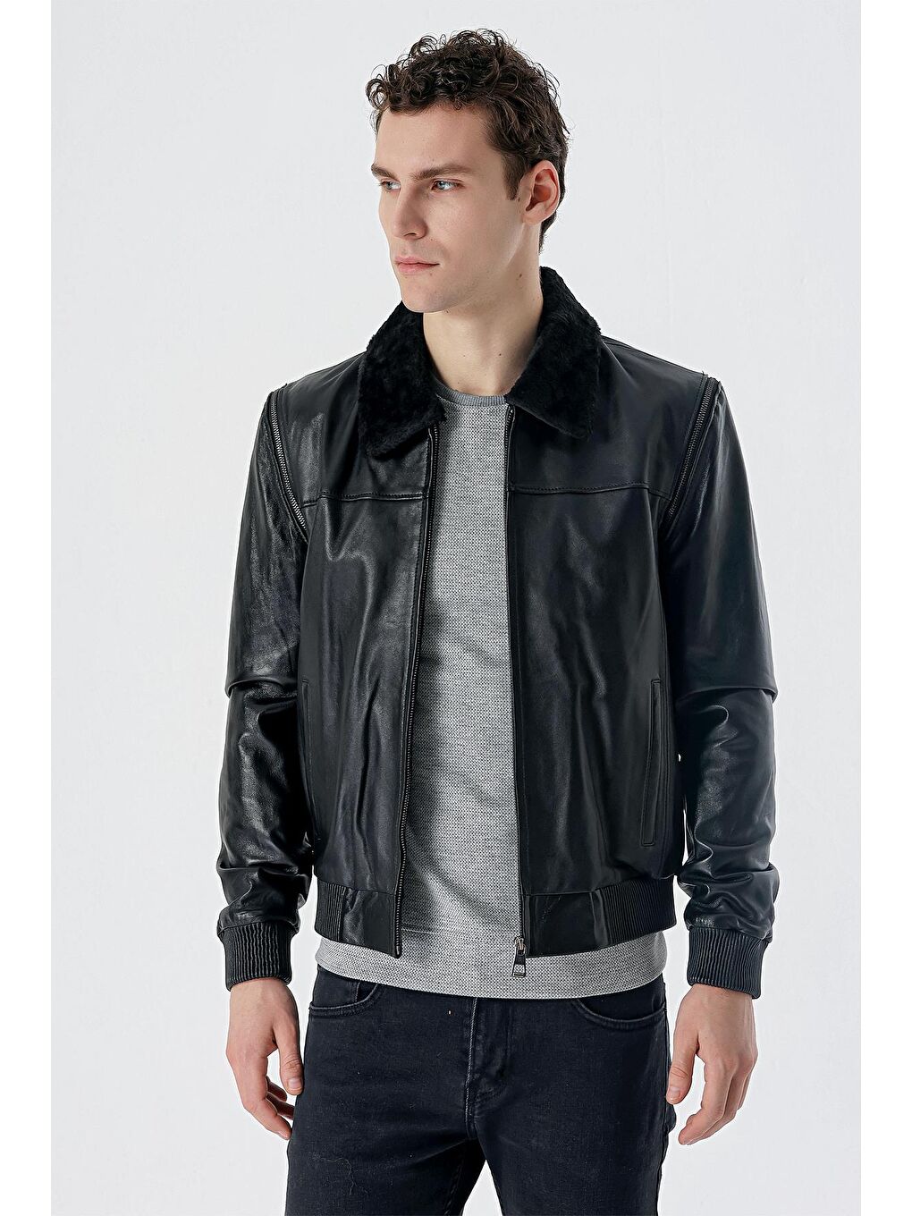 Siyah Gömlek Yaka Hakiki Deri Comfort Fit Rahat Kesim Casual Mont 1038235208-2