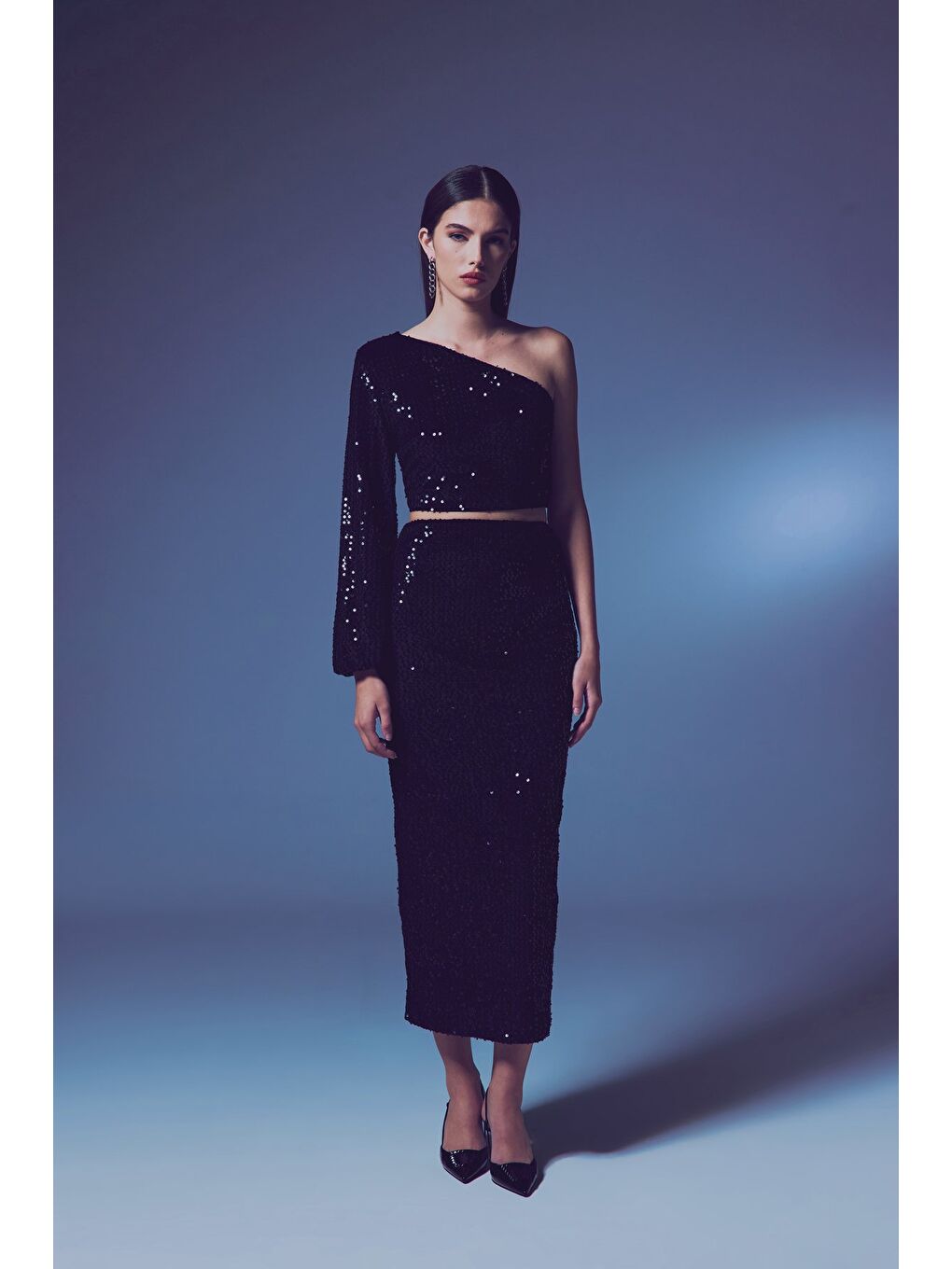 Kadife Payetli Midi Etek - Siyah-4