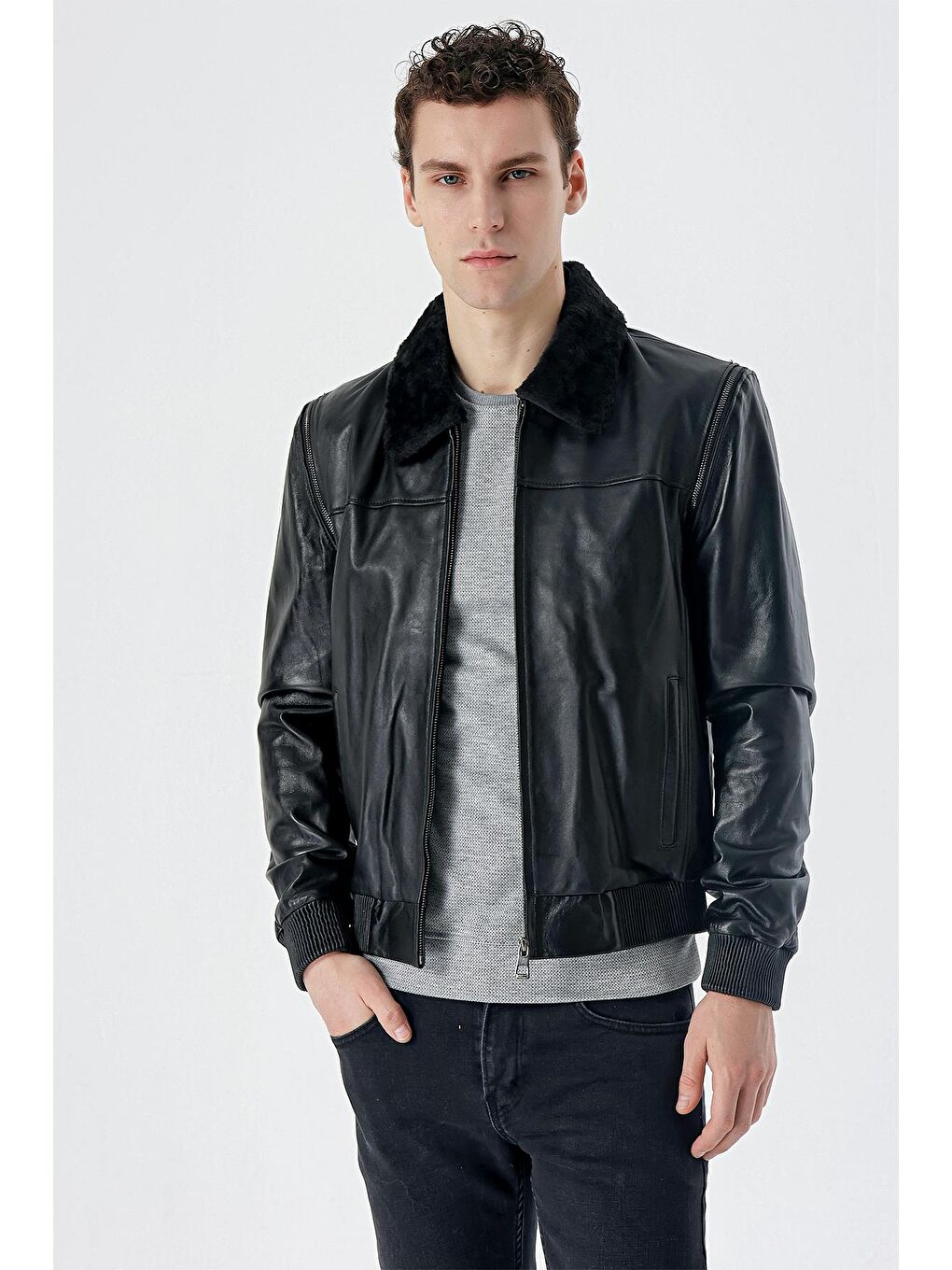 Siyah Gömlek Yaka Hakiki Deri Comfort Fit Rahat Kesim Casual Mont 1038235208-3