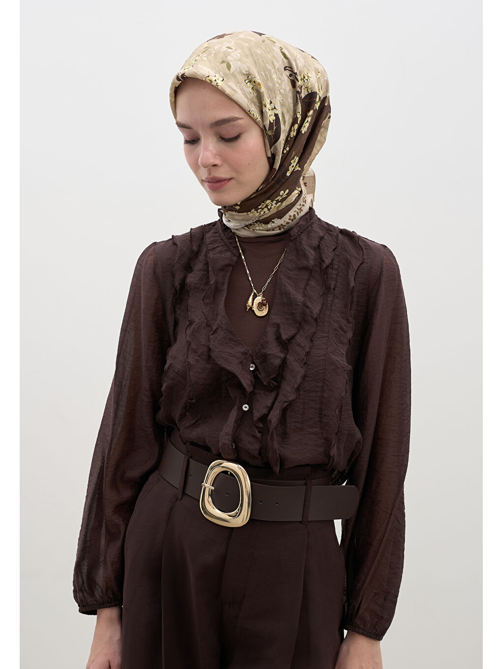 Tıny Plumerıa Desen Pamuklu Viskon Eşarp Bej