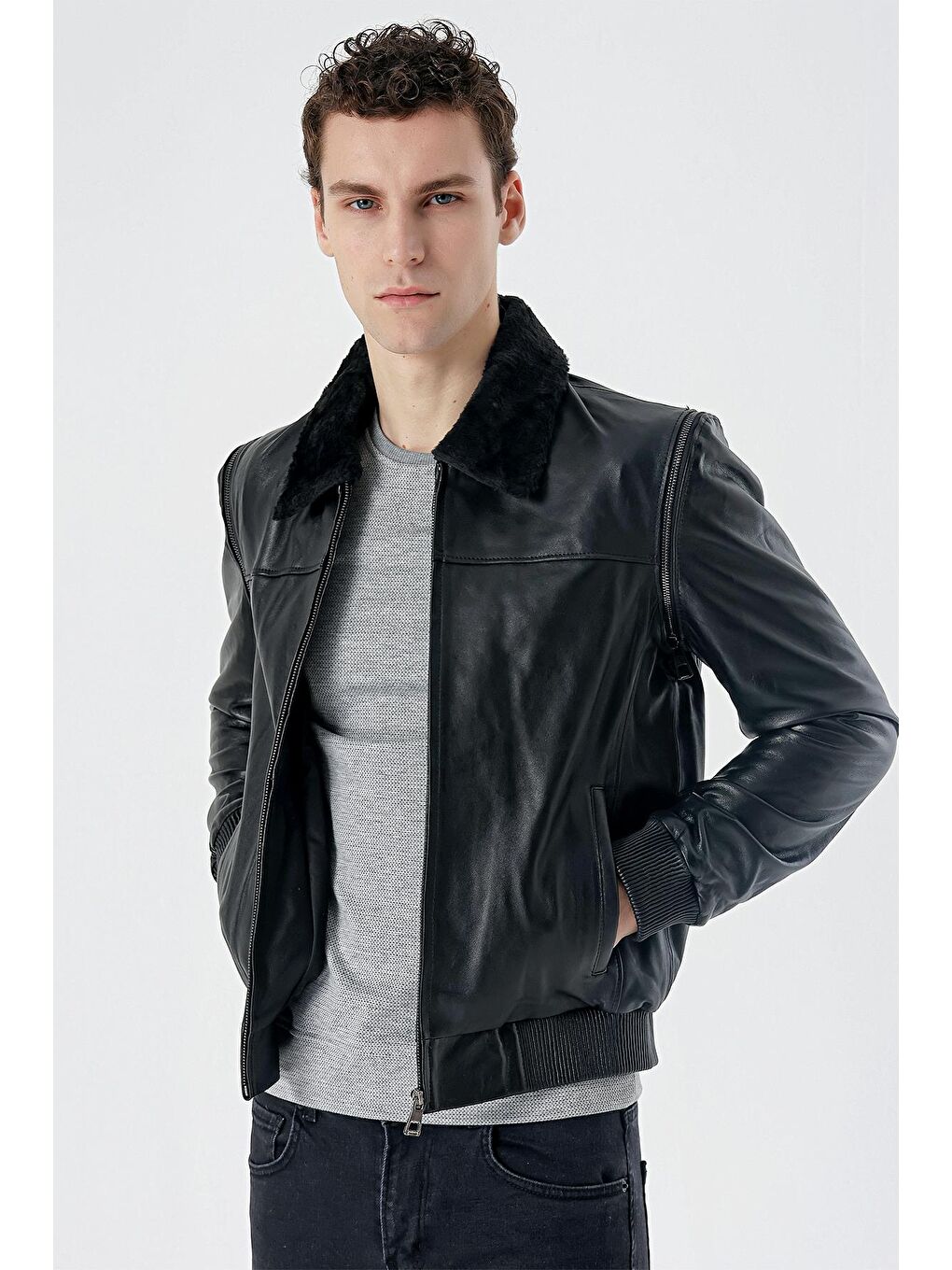 Siyah Gömlek Yaka Hakiki Deri Comfort Fit Rahat Kesim Casual Mont 1038235208-4