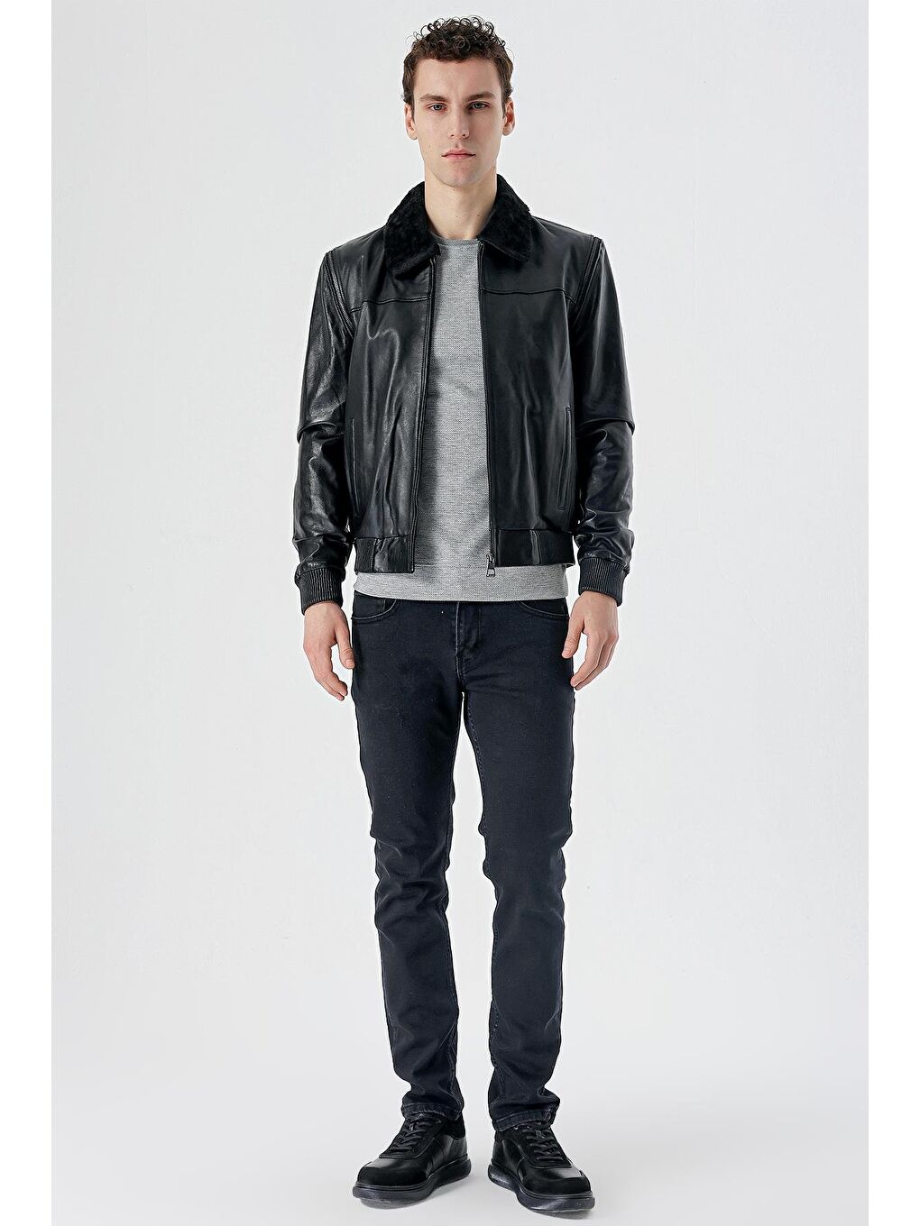 Siyah Gömlek Yaka Hakiki Deri Comfort Fit Rahat Kesim Casual Mont 1038235208-5