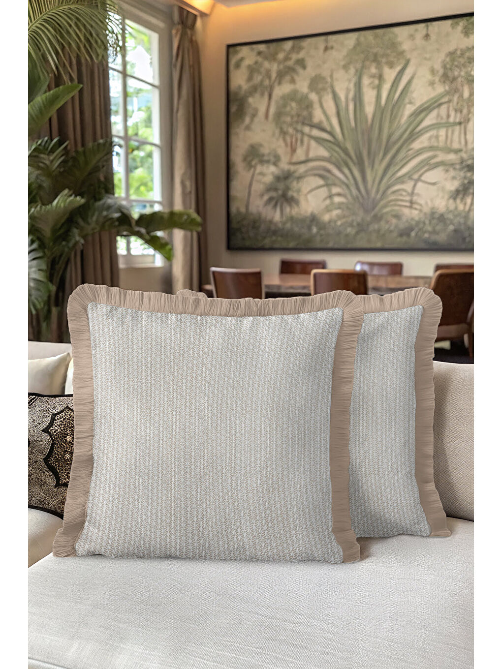 Karışık Geometrik Modern Lüks Saçaklı Yastık Kılıfı - Naturel İskandinav Bej Püsküllü Kırlent Kılıfı-5