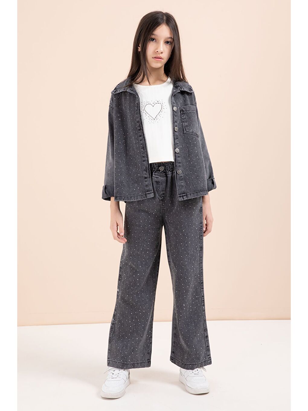 Siyah Taşlı Jean Gömlekli Kız Çocuk Geniş Paça 3lü Jean Takım 23440-2