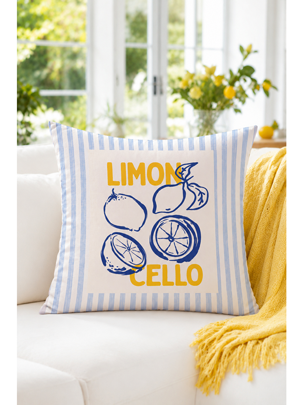 Beyaz Limoncello Limon Desenli Dekoratif Kırlent Kılıfı Akdeniz Yazlık Dekoru 43x43 Cm-5