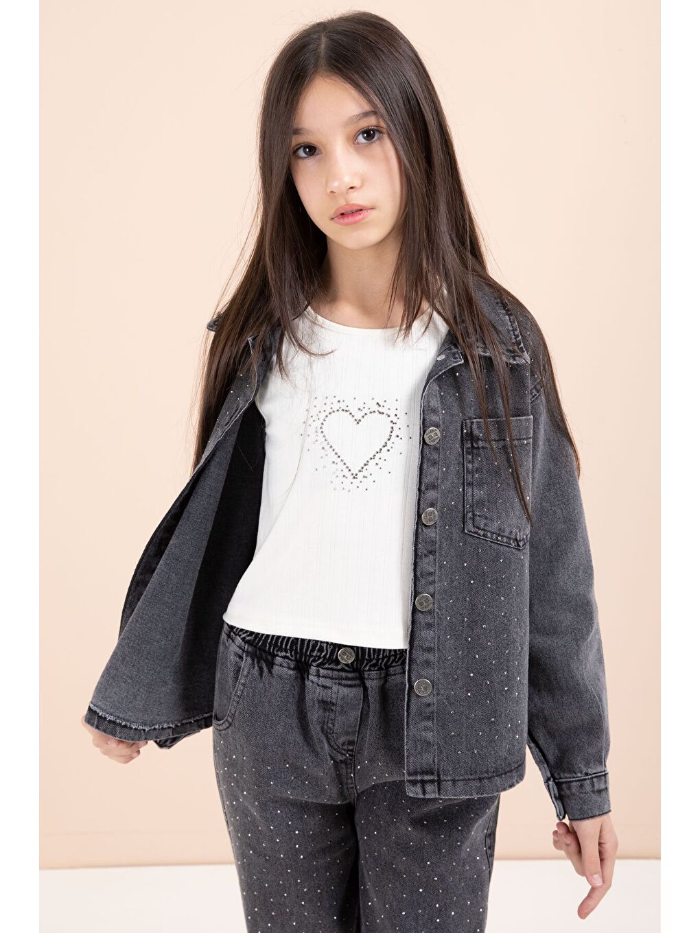 Siyah Taşlı Jean Gömlekli Kız Çocuk Geniş Paça 3lü Jean Takım 23440-3