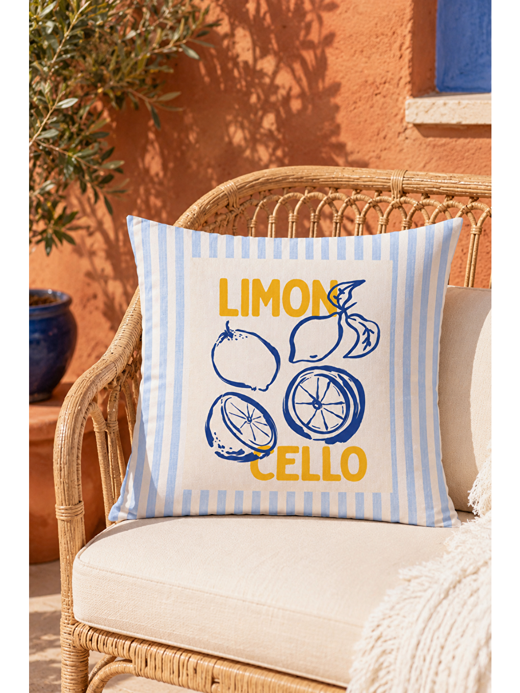 Beyaz Limoncello Limon Desenli Dekoratif Kırlent Kılıfı Akdeniz Yazlık Dekoru 43x43 Cm-6