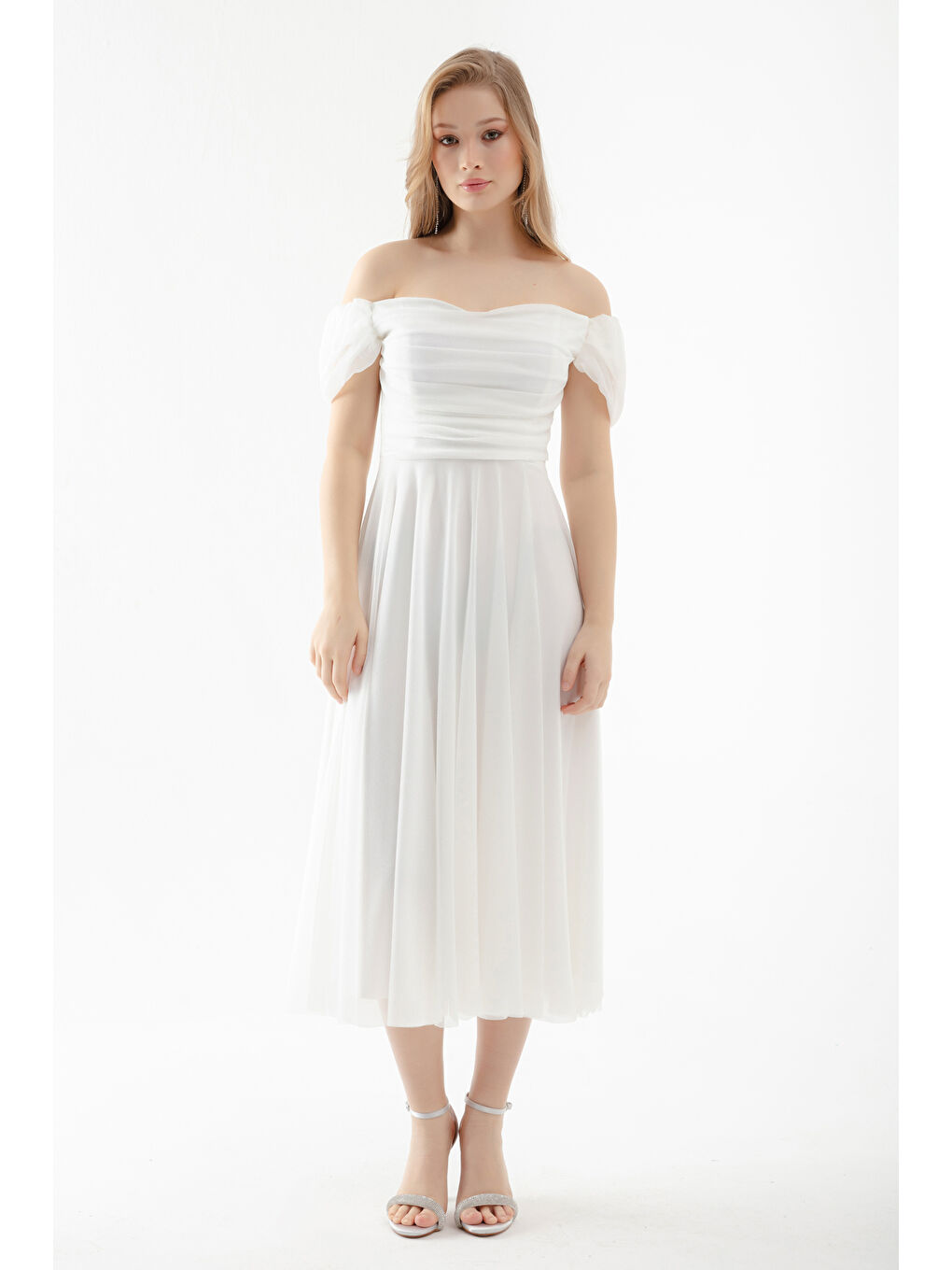 Kadın Beyaz Kayık Yaka Drapeli Midi Kloş Abiye Elbise-2
