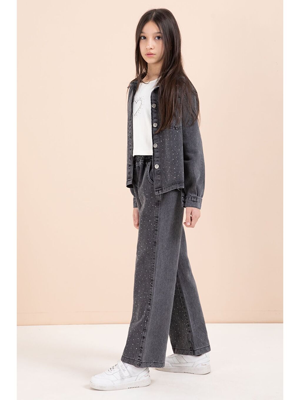 Siyah Taşlı Jean Gömlekli Kız Çocuk Geniş Paça 3lü Jean Takım 23440-4