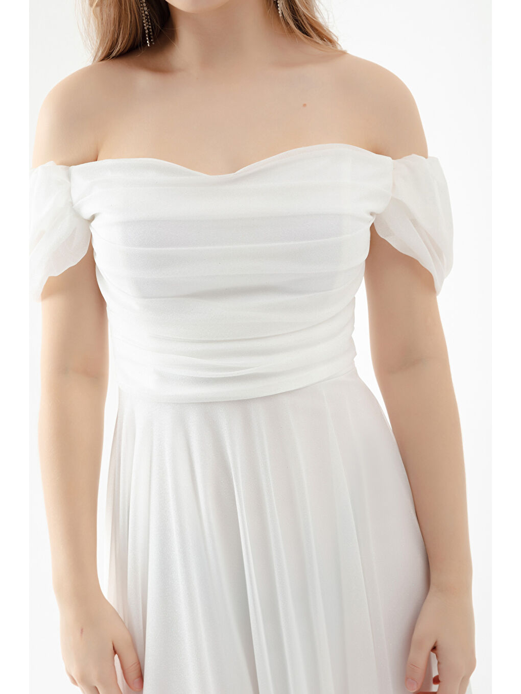 Kadın Beyaz Kayık Yaka Drapeli Midi Kloş Abiye Elbise-3