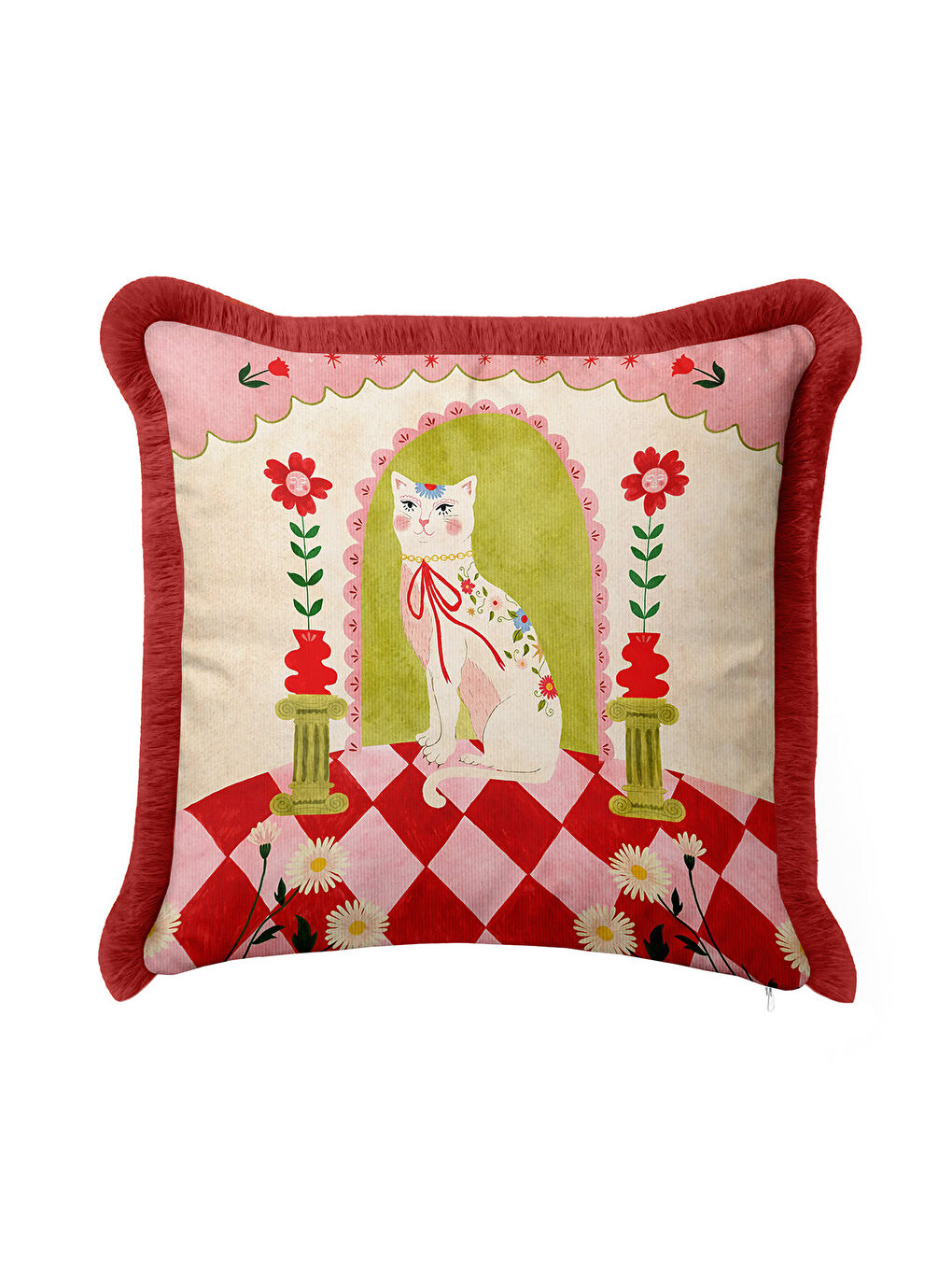 Karışık Vintage Saçaklı Yastık Kılıfı - Kedi Figürlü Retro Çiçekli Kırmızı Püsküllü Kırlent Kılıfı-3