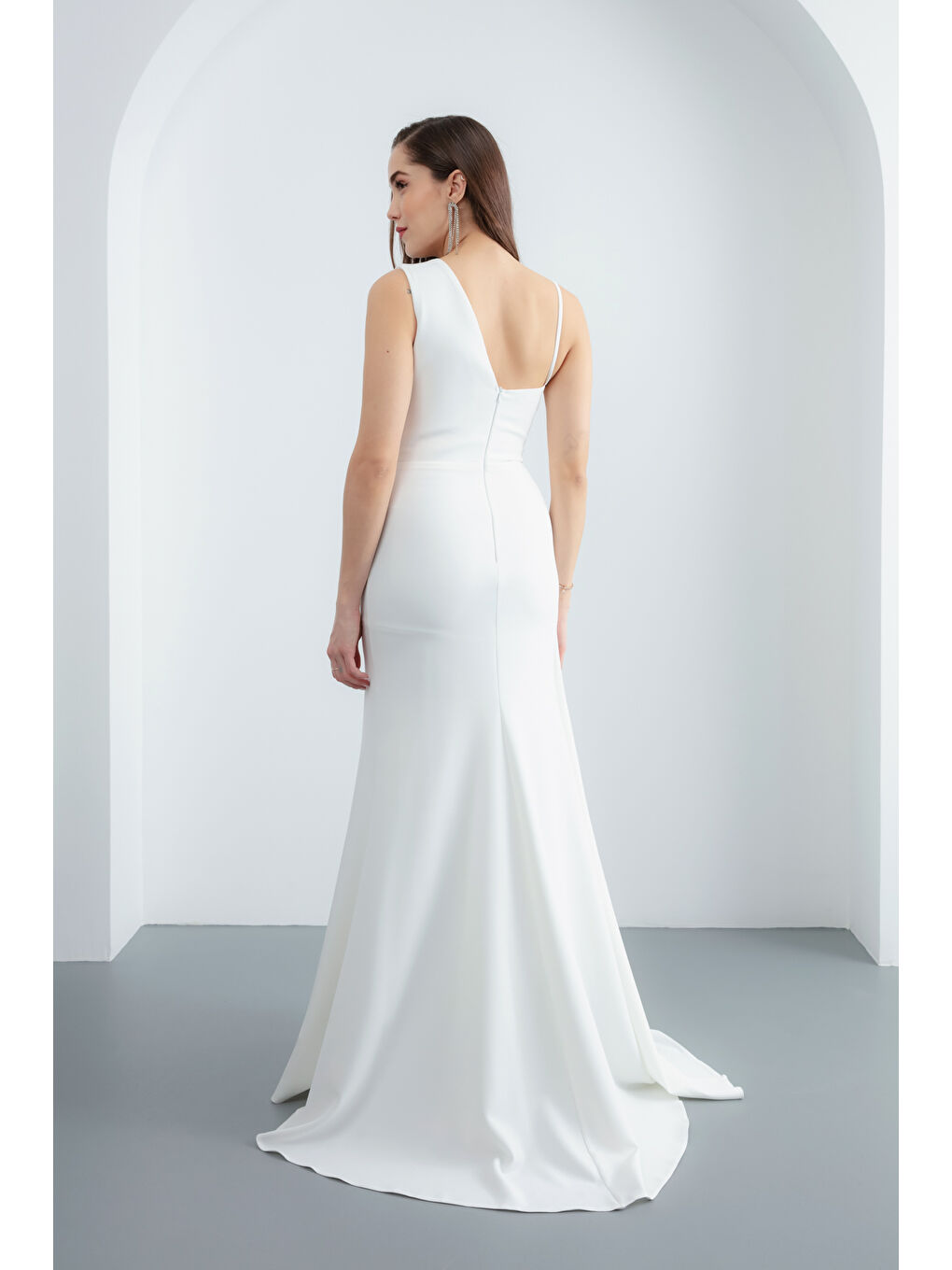 Kadın Beyaz Tek Omuz Taşlı Söz Nişan Nikah Abiye Elbise-4