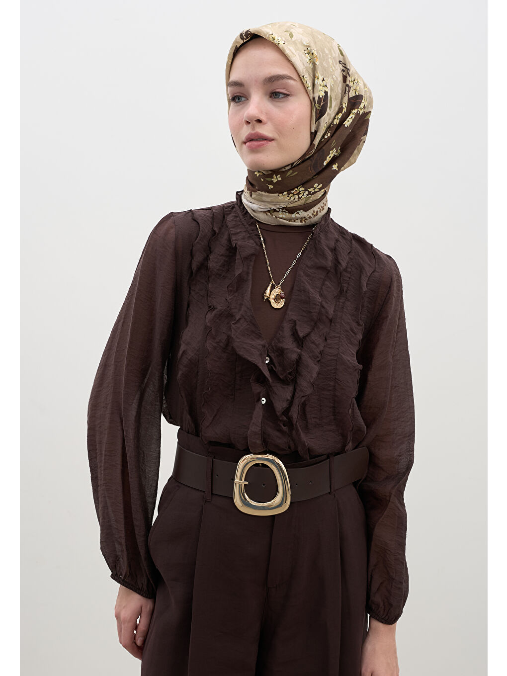 Tıny Plumerıa Desen Pamuklu Viskon Eşarp Bej-1