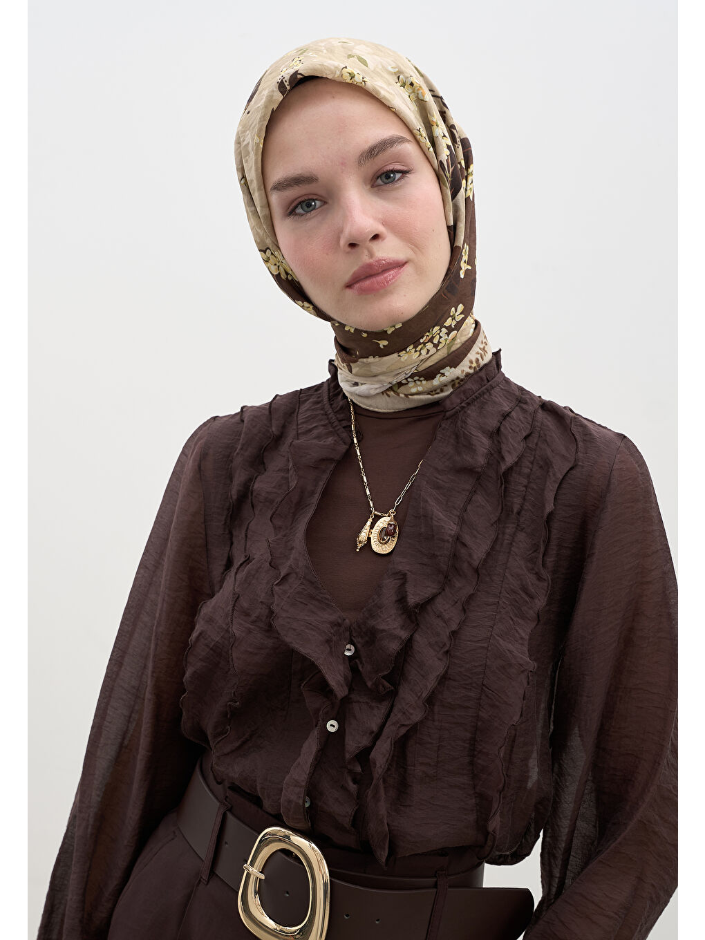 Tıny Plumerıa Desen Pamuklu Viskon Eşarp Bej-2