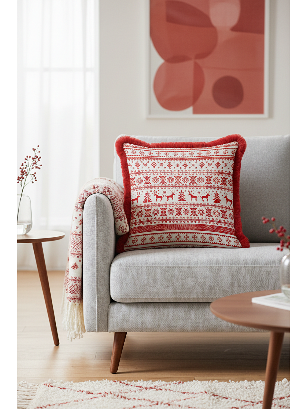 Karışık Nordik Noel Saçaklı Yastık Kılıfı - Geyikli Kış Temalı İskandinav Kırmızı Püsküllü Kırlent Kılıfı-3