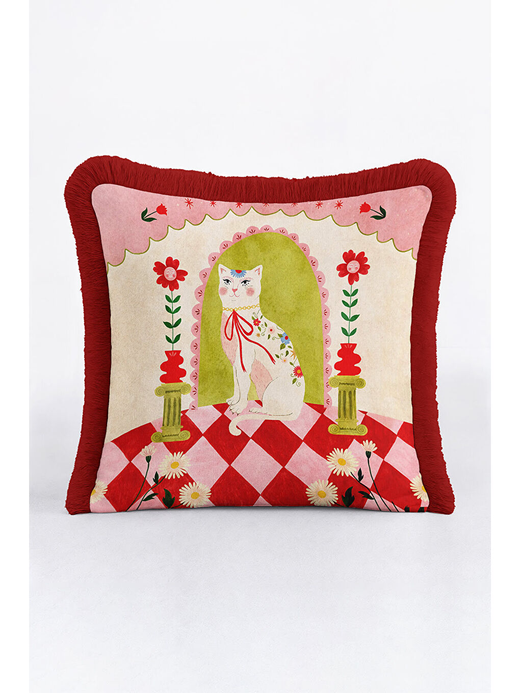 Karışık Vintage Saçaklı Yastık Kılıfı - Kedi Figürlü Retro Çiçekli Kırmızı Püsküllü Kırlent Kılıfı-4