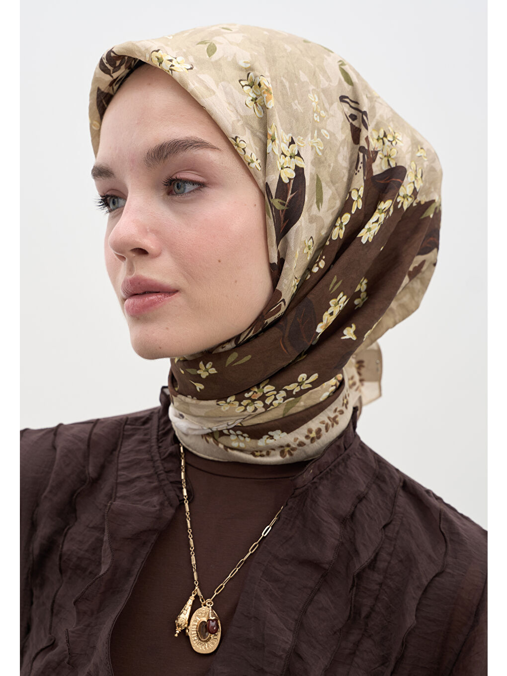 Tıny Plumerıa Desen Pamuklu Viskon Eşarp Bej-3