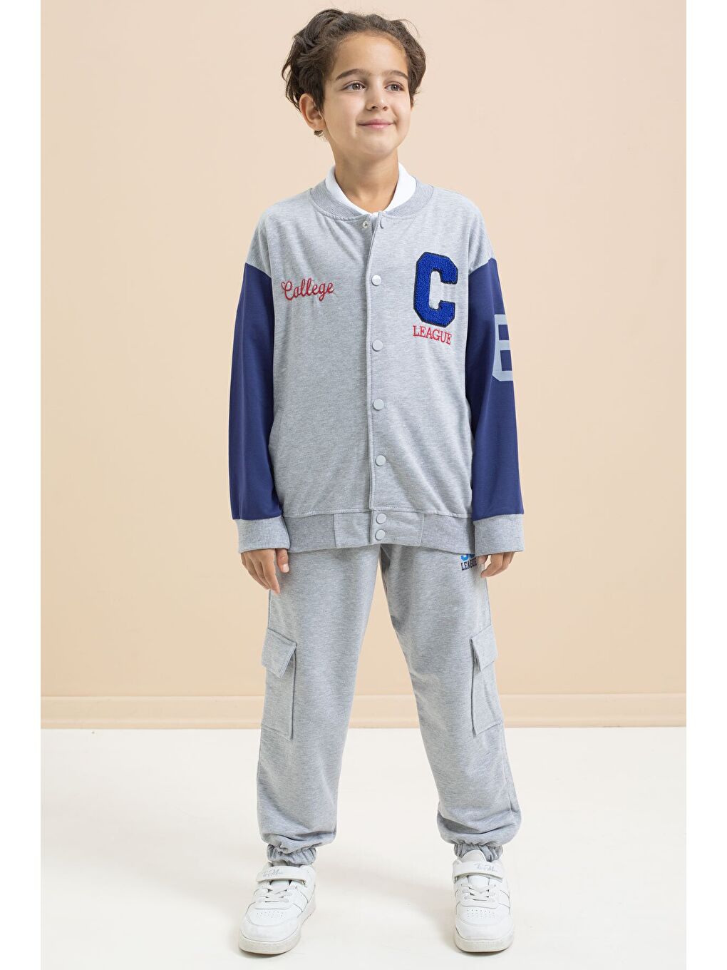 Gri Yazı Nakışlı Kolej Ceketli Erkek Çocuk Eşofman Takımı 21223-2