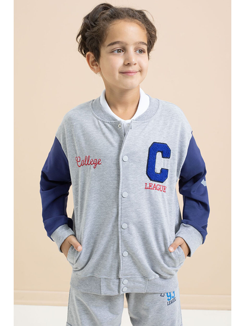 Gri Yazı Nakışlı Kolej Ceketli Erkek Çocuk Eşofman Takımı 21223-3