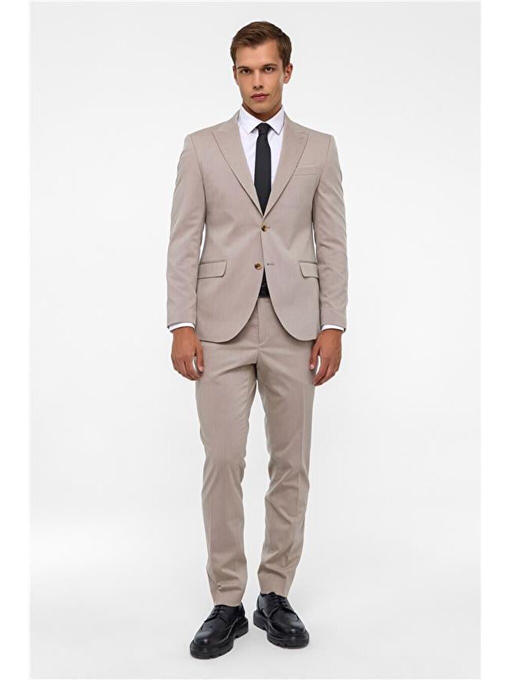 Bej Slim Desenli Sivri Yaka 6 Drop Takım Elbise