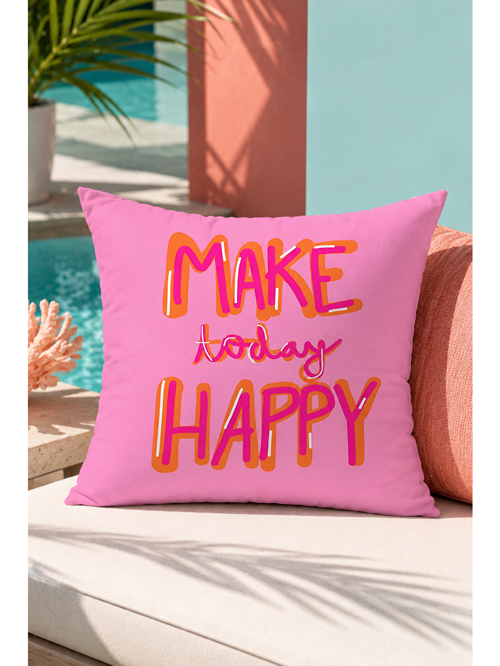 Fuşya Make Today Happy Yazı Baskılı Dekoratif Kırlent Kılıfı Pembe Pop Art Dekor 43x43 Cm-1