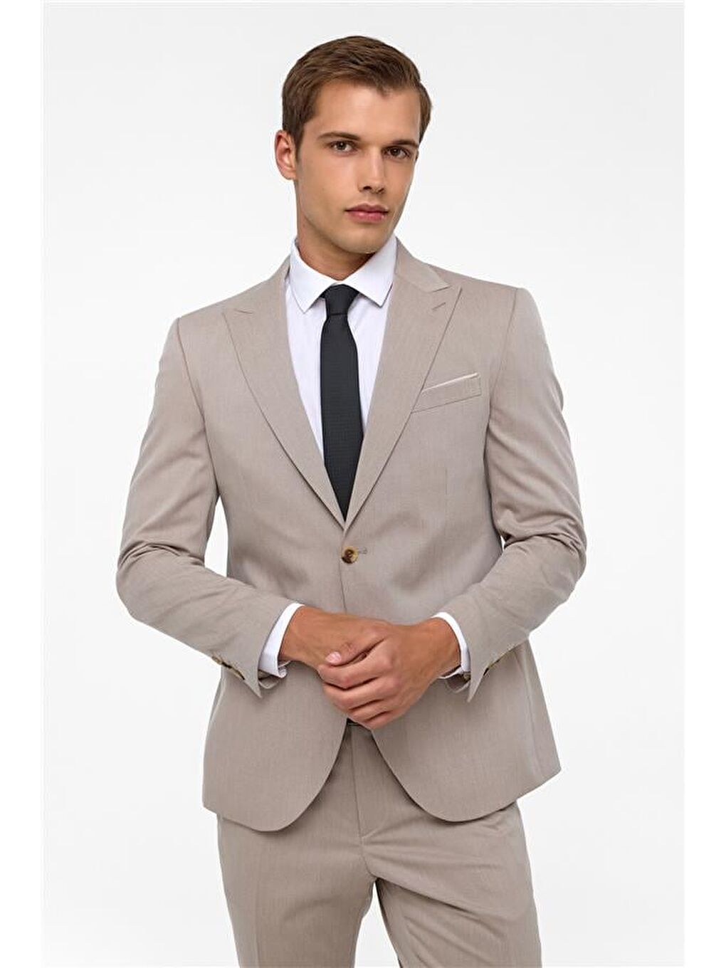 Bej Slim Desenli Sivri Yaka 6 Drop Takım Elbise-1