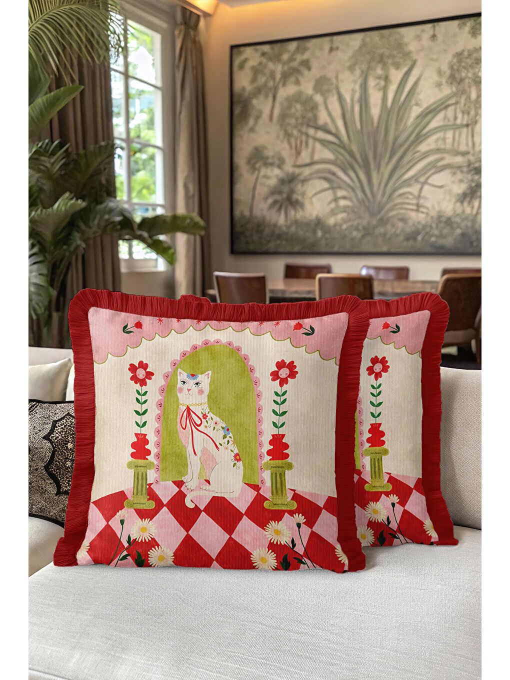 Karışık Vintage Saçaklı Yastık Kılıfı - Kedi Figürlü Retro Çiçekli Kırmızı Püsküllü Kırlent Kılıfı-5
